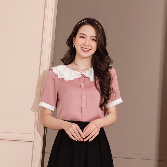 Áo sơ mi nữ kiểu cổ sen G211 ngắn tay chất lụa mát không nhăn, áo công sở nữ kiểu thanh lịch, sang trọng