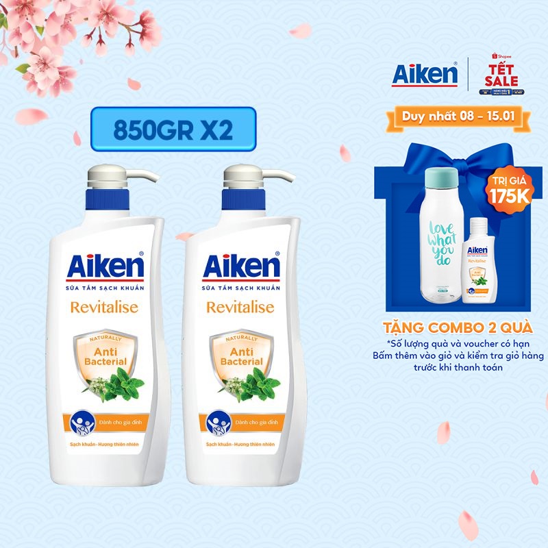 Aiken Combo 2 Sữa tắm Sạch khuẩn Chiết Xuất Bạc Hà 850g/chai