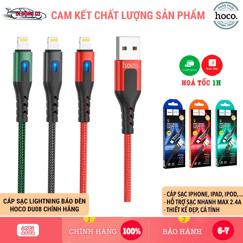 Cáp Sạc Lightning Báo Đèn Cho iPhone, iPad Hoco DU08 1M/2M - Sạc Nhanh 2.4A, Cáp Dây Dù Siêu Bền [CHÍNH HÃNG]