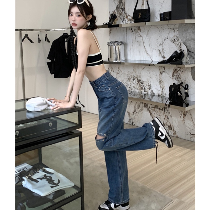 Quần Jean Nữ Lưng Cao Rách Gối Thời Trang