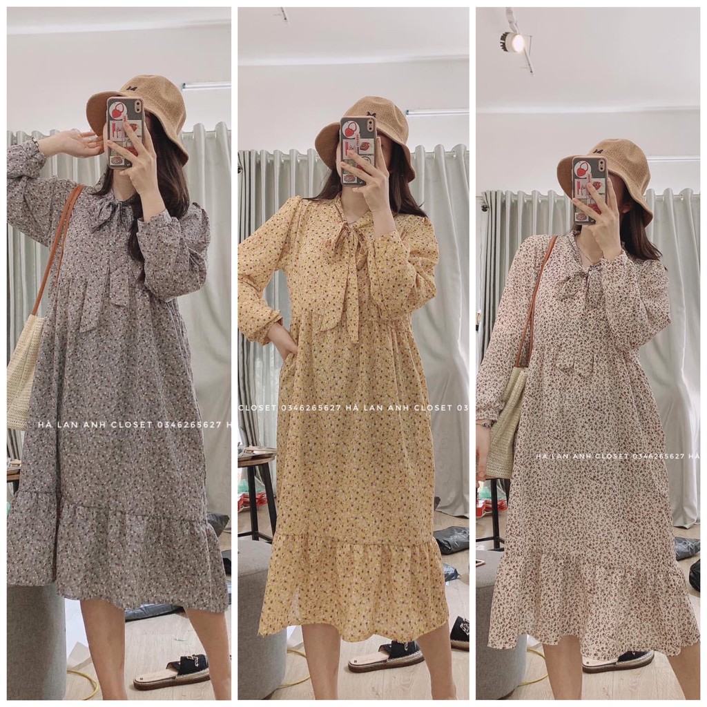 Váy Bầu thu đông Kèm Đai Thắt Eo Đầm Bầu Công Sở Dáng Dài (Đai buộc), cổ phối nơ dáng tiểu thư sang chảnh 40-70kg