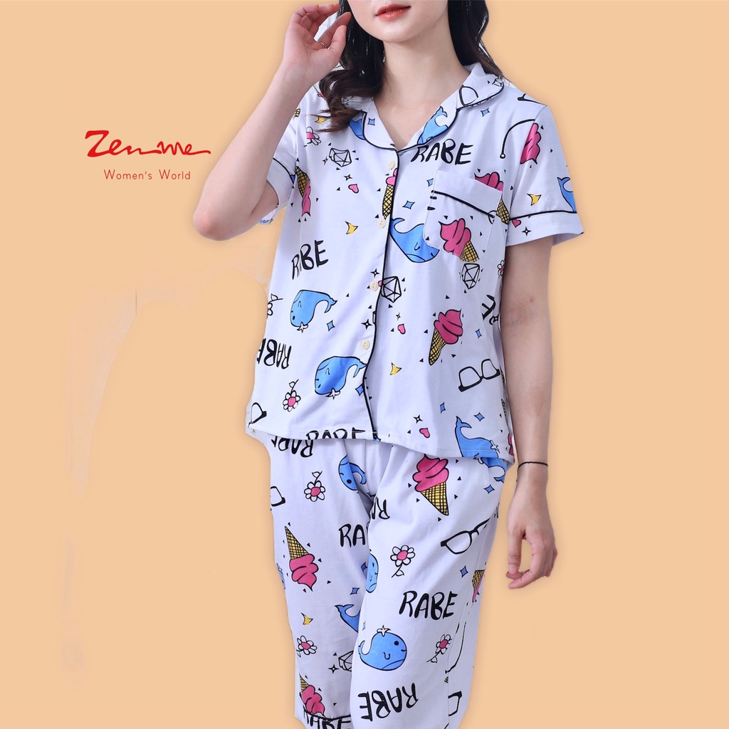 Đồ bộ mặc nhà Zen Me Pijama cộc lửng, chất liệu cotton mềm dày dặn, đanh chất, họa tiết dễ thương