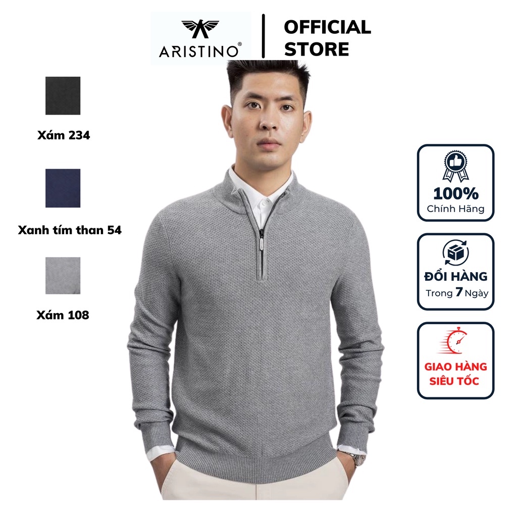 Áo len nam Aristino cổ kéo khóa dáng slim fit bo gấu cổ tay mặt trước dệt bo rib len acrylic nhẹ ấm đàn hồi AWO007W8