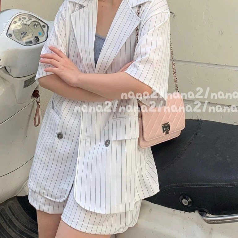 Set áo blazer kiểu vest kẻ dài tay, tay ngắn (áo blazer + quần shorts), set áo blazer ngắn tay dài kẻ phối chân váy
