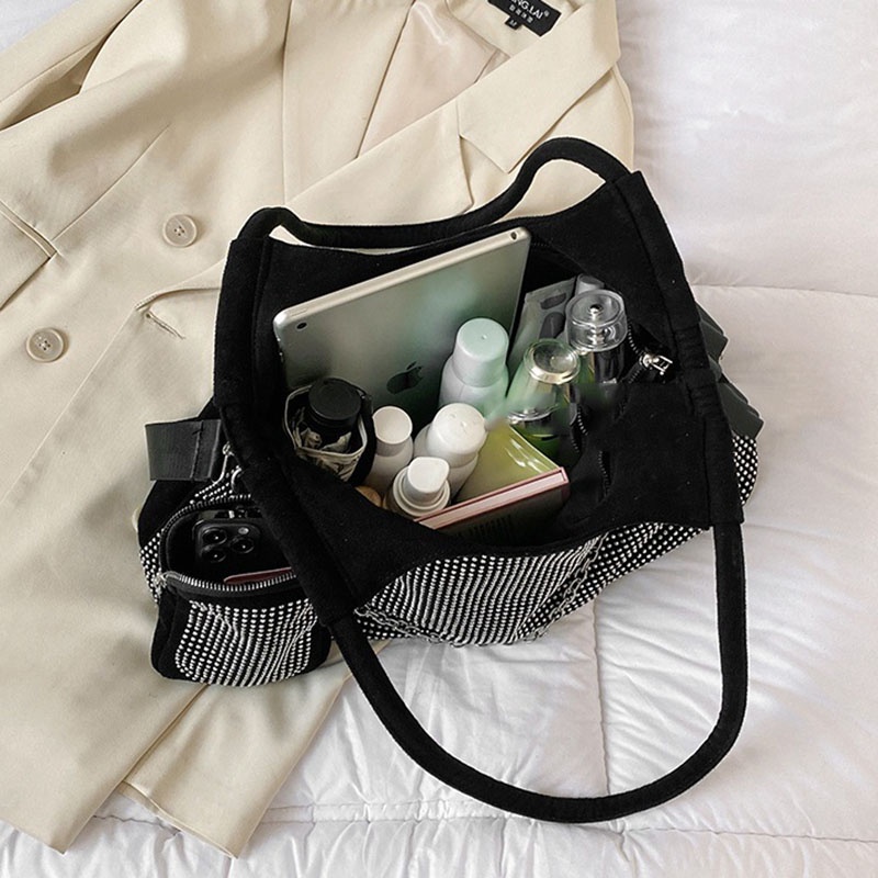 Ielgy Net Túi Xách Đeo Vai Sức Chứa Lớn Đính Kim Cương Toàn Diện Dễ Phối Đồ Cho Nữ