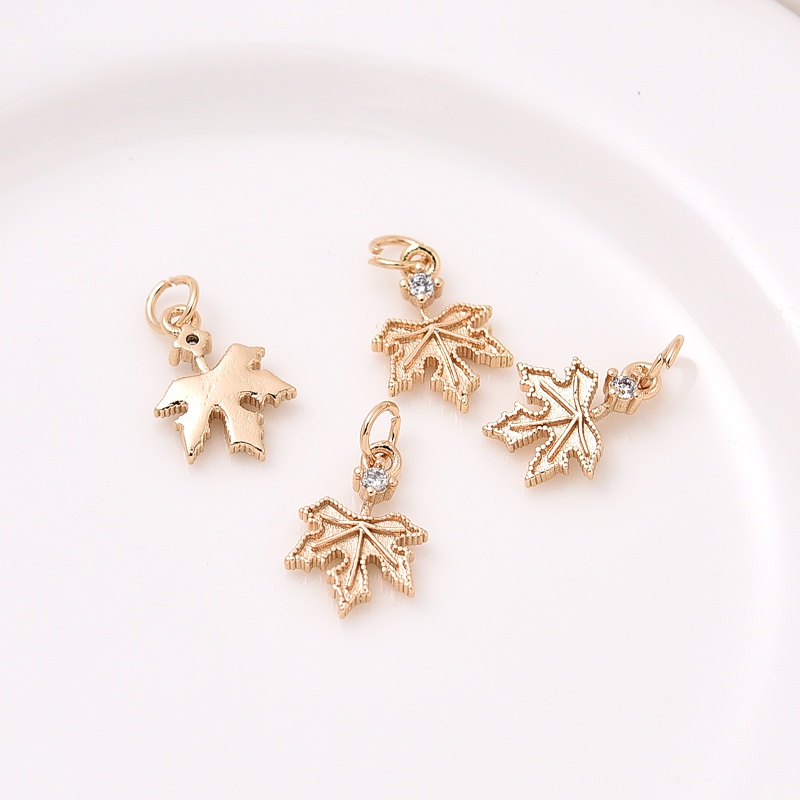 Mặt Dây Chuyền Bằng Đồng Mạ Vàng 14K Đính Đá Zircon diy Hình Lá Phong Nhỏ Nhắn Xinh Xắn