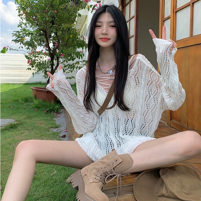 [Hana And Alice] Áo Dệt Kim Tay Dài Dáng Rộng Chống Nắng Thời Trang Đi Biển Trẻ Trung