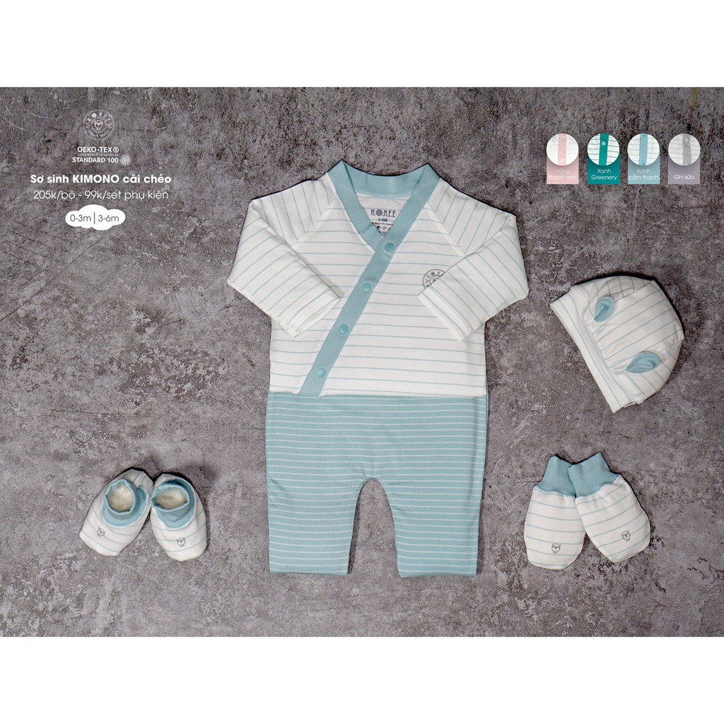 Bộ Hrnee sơ sinh Kimono Modal kẻ chéo, cài thẳng dài tay