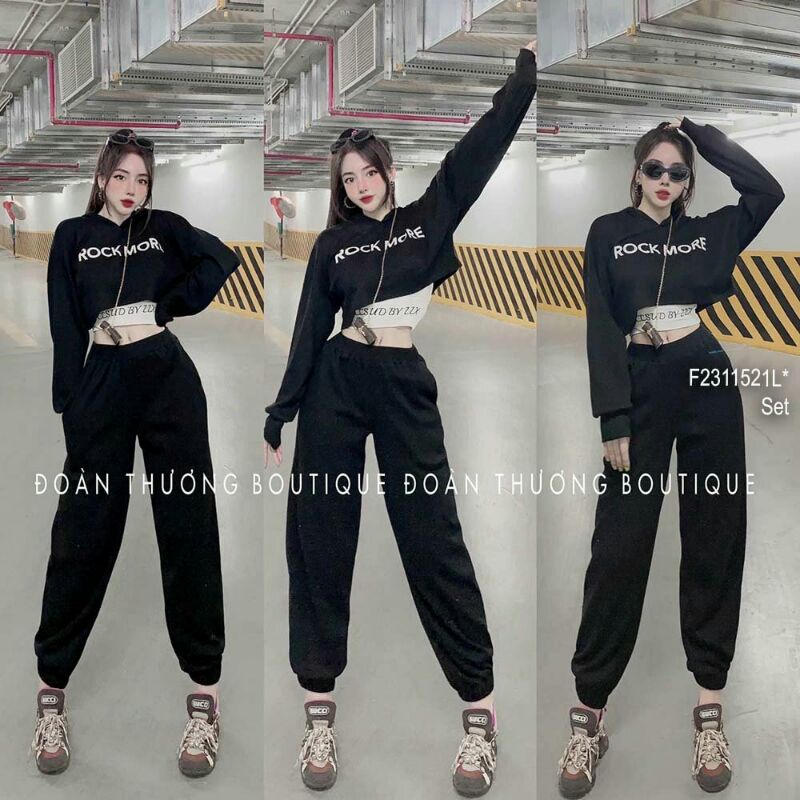 Set bộ thun trắng tay con thêu logo phối chân váy ngắn viền trắng