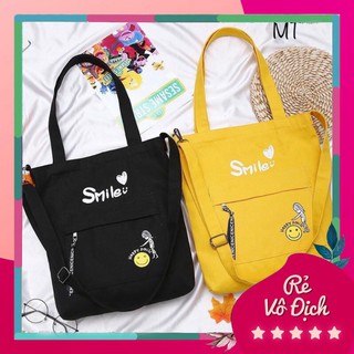 Túi vải tote hai dây in chữ smile nhiều màu