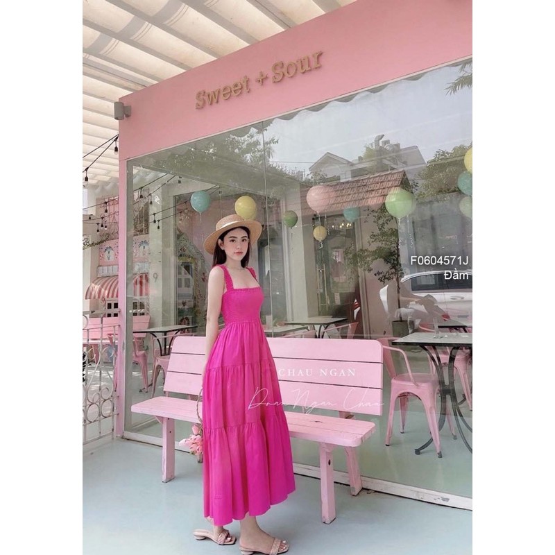 Đầm maxi thô xòe tầng nhún ngực 2 dây!