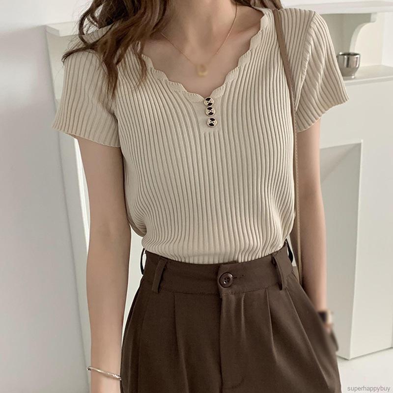 Áo Thun Nữ Ngắn Tay Cổ Chữ V Thời Trang Hàn Quốc