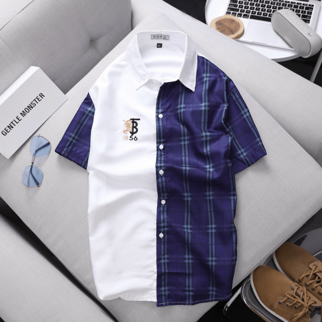 ÁO SƠ MI  NAM TAY NGẮN PHÓI HAI MÀU HỌA TIẾT SỌC ĐẸP SANG CÁ TÍNH