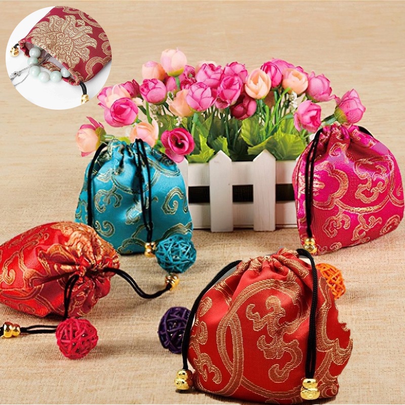 Túi đựng tiền xu bằng lụa thổ cẩm có dây rút