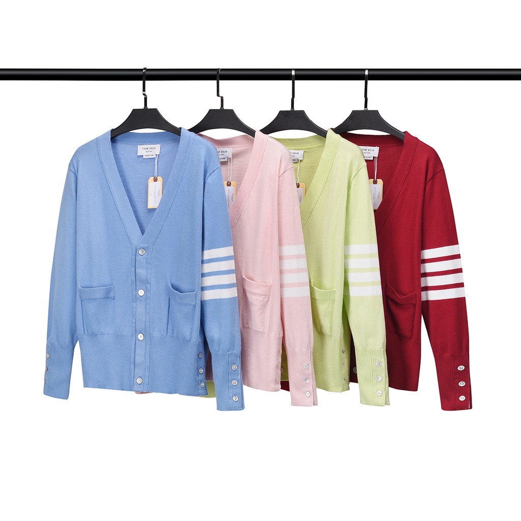 Áo Cardigan nam nữ dệt kim tay dài cổ tim Thom Brow.ne 4-Bar 8819 Áo khoác chất liệu len bông thiết kế tay áo kẻ sọc