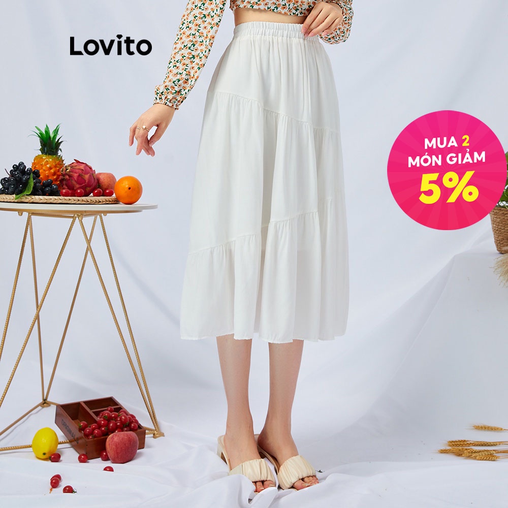 Lovito váy xếp ly màu trắng lãng mạn L11014