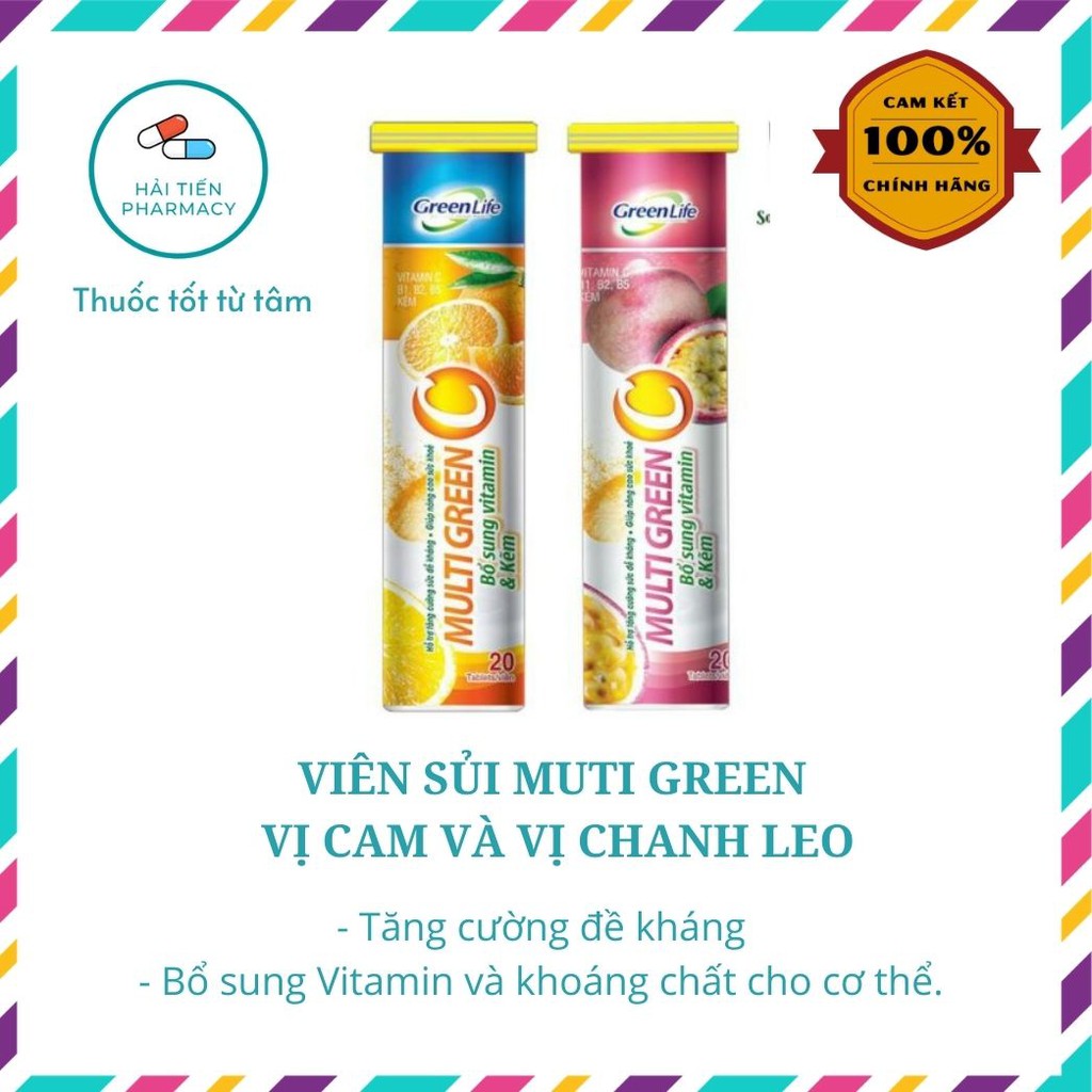 Viên Sủi MULTI GREEN vị Cam, vị Chanh Leo -  Bổ Sung Vitamin Và Khoáng Chất Cho Cơ Thể - Lọ 20 Viên