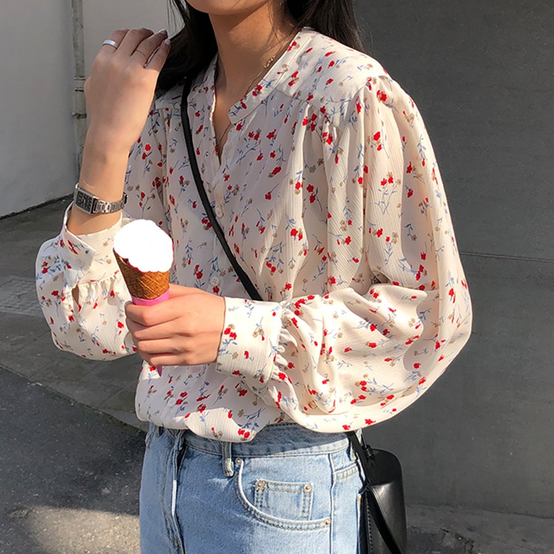 SUXI Áo chiffon nữ tay dài cổ chữ V phối hoạ tiết bông hoa