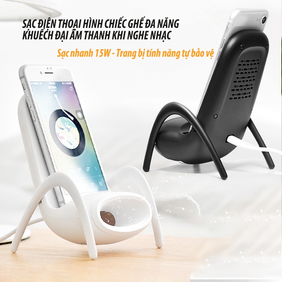Sạc không dây hỗ trợ sạc nhanh 15W giá đỡ điện thoại khuếch đại âm thanh khi nghe nhạc cho smartphone các dòng máy