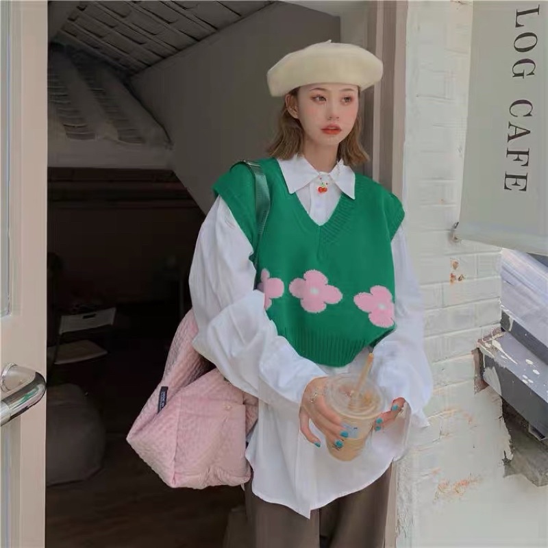 Áo gile len xanh lá hoa