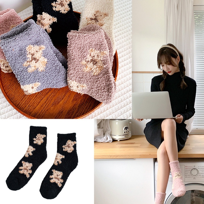 Youyo Vớ Nhung San Hô Dày Dặn Họa Tiết Gấu Hoạt Hình Dễ Thương Giữ Ấm Chân Khi Ngủ Mùa Đông Cho Nữ