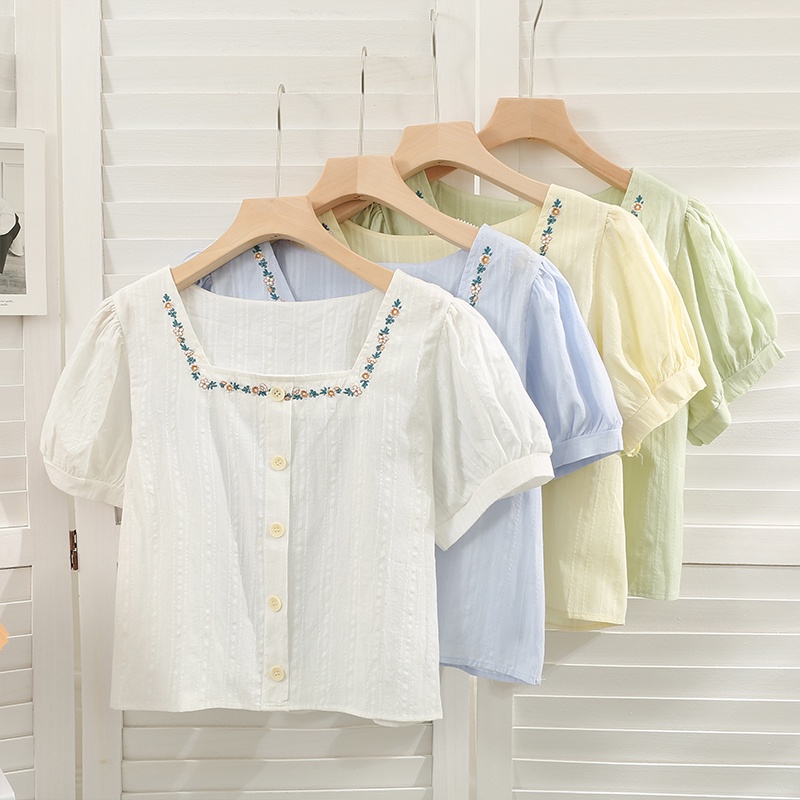 Áo sơ mi IELGY ngắn tay cổ vuông họa tiết kẻ sọc phong cách retro cho nữ