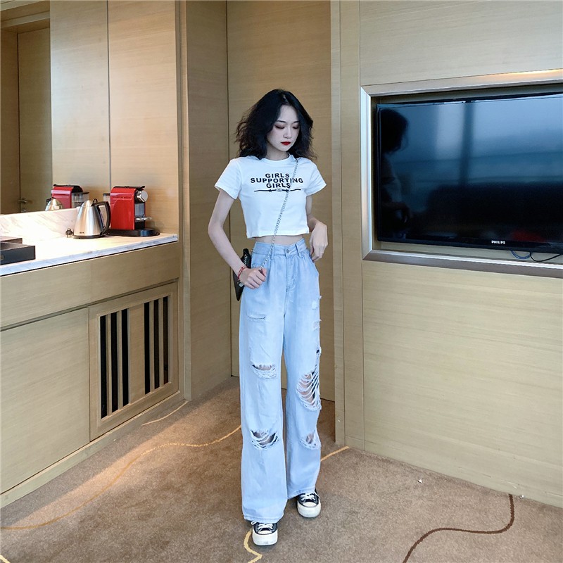 Set áo thun croptop tay ngắn cổ tròn + quần jeans dài nữ lưng cao chân ống rộng xanh nhạt rách 2 bên ulzzang ( 2 màu )