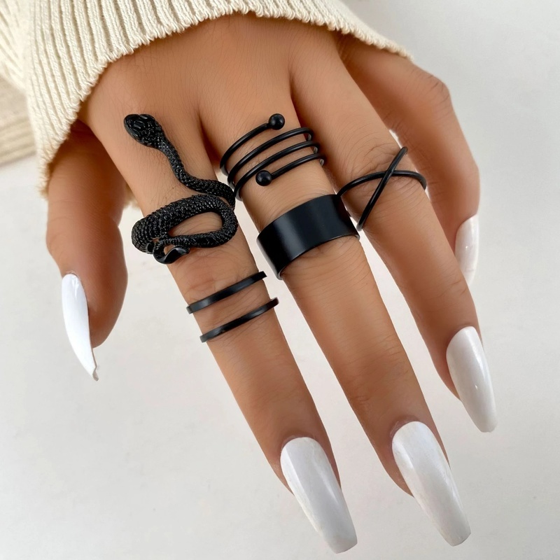 Set 5 Nhẫn Hình Rắn Đen Tối Giản Có Thể Điều Chỉnh Kích Cỡ Cho Nữ