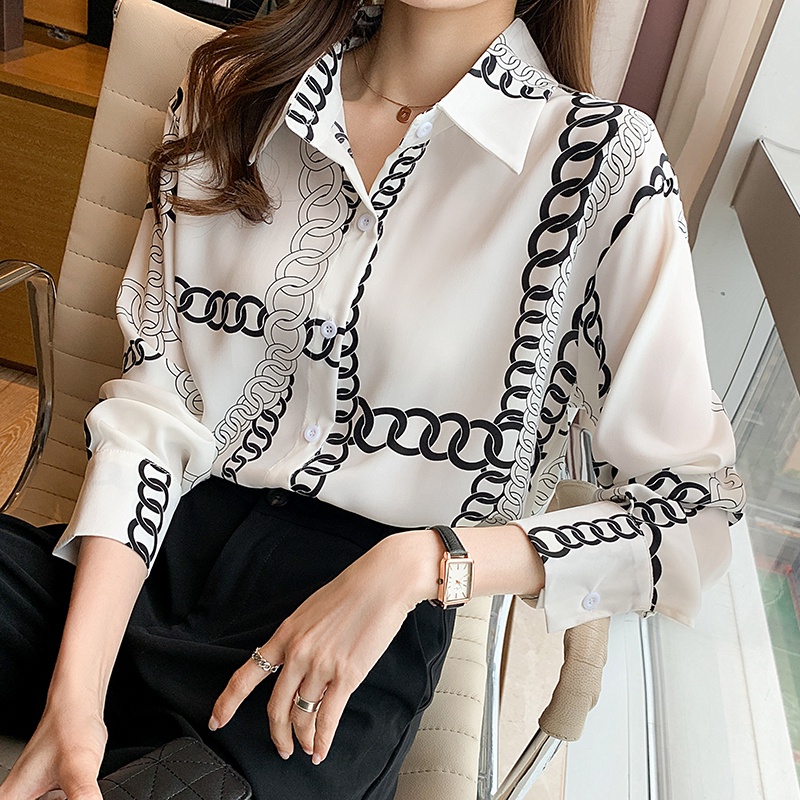 Áo Sơ Mi Tay Dài In Họa Tiết Sợi Xích Phong Cách Âu Mỹ Thiết Kế Mới Thời Trang Cho Nữ
