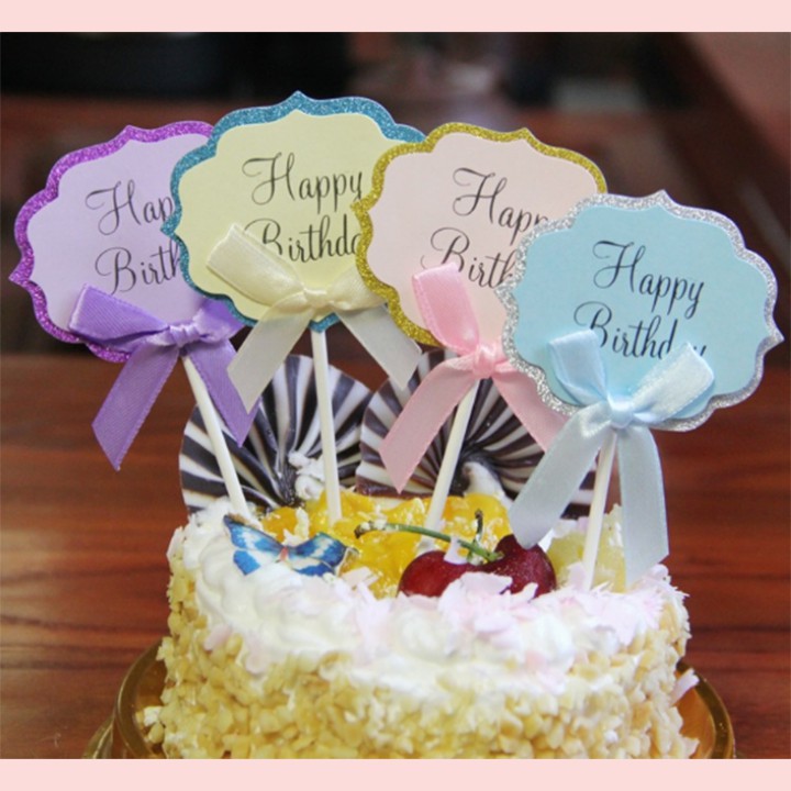 Túi 5 topper thiệp cắm Happy Birthday, hình cắm happy birthday nơ vàng, topper cake