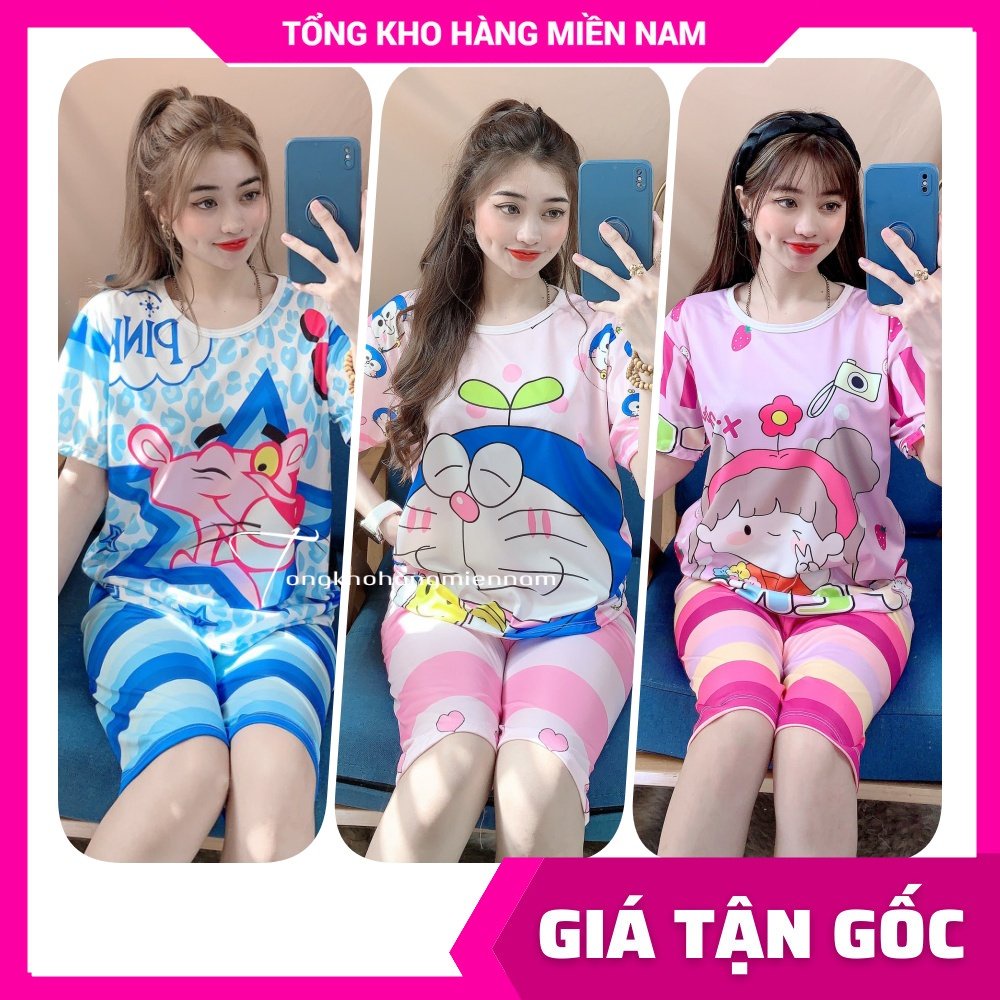 Đồ bộ thun QUẦN LỬNG cho nữ mặc nhà size dưới 70kg chất thun mềm mát in hình doremon kitty hoạt hình chibi DBRBL SIZE XL