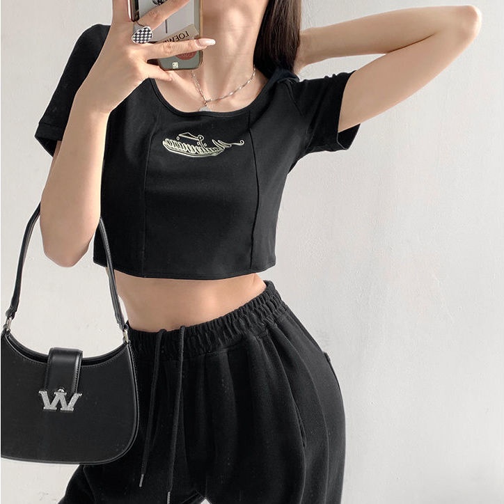 Áo Croptop Tay Ngắn Dáng Ôm In Chữ Màu Sắc Tương Phản Thời Trang Mùa Hè Xinh Xắn Cho Nữ