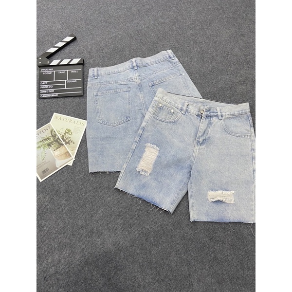 Quần Short Jeans Ống Rộng Xé Rách Năng Động, Quần Bò Lửng Thời Trang Unisex, Đùi Ngắn Style Hàn Quốc