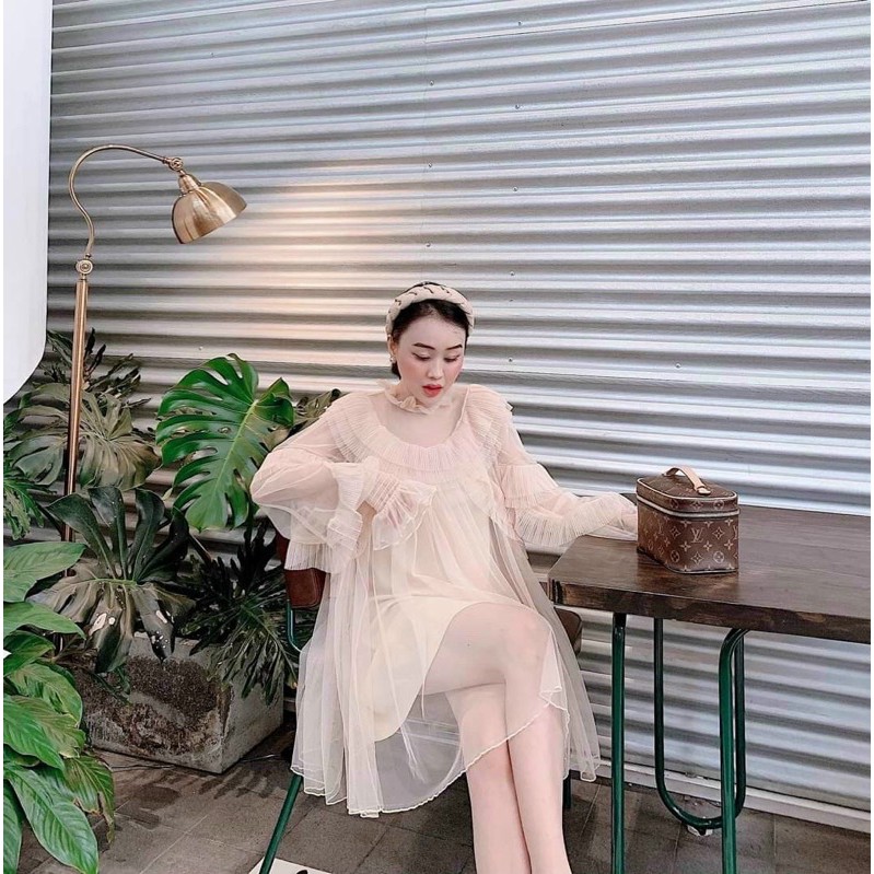 Đầm nude form babydoll suông phối tay dài lưới ren 2 lớp có lót trong dày dặn