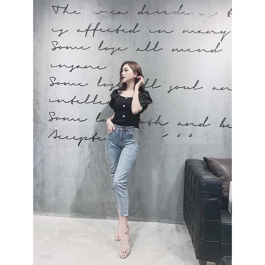 Quần jean nữ big size phom baggy lưng cao, rách ít, vải co dãn mạnh 2977