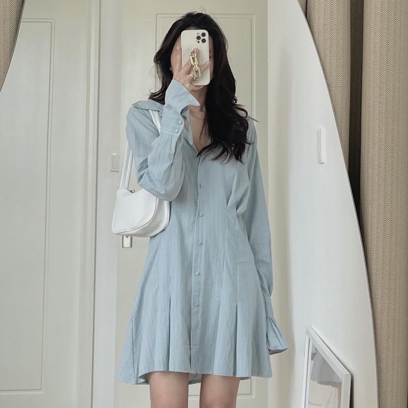 VÁY SƠ MI TAY DÀI ỐNG BO CHẤT VẢI ĐŨI PHONG CÁCH HÀN QUỐC