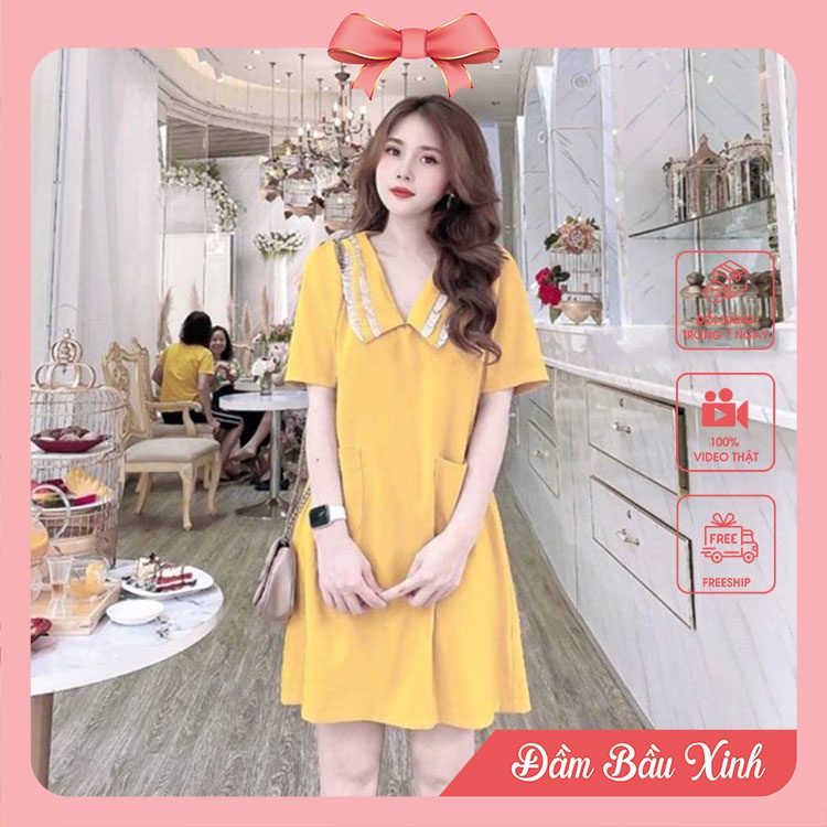 Váy bầu suông đũi cổ V đầm bầu dáng rộng có túi 2 bên chất đũi cực xinh