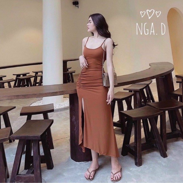 [ Mã WASTRUN4 giảm 10% tối đa 30K đơn 99K] Váy maxi 2 dây xẻ đùi rúm trước, Đầm 2 dây dáng ôm VS1880 - NhiNhi Shop