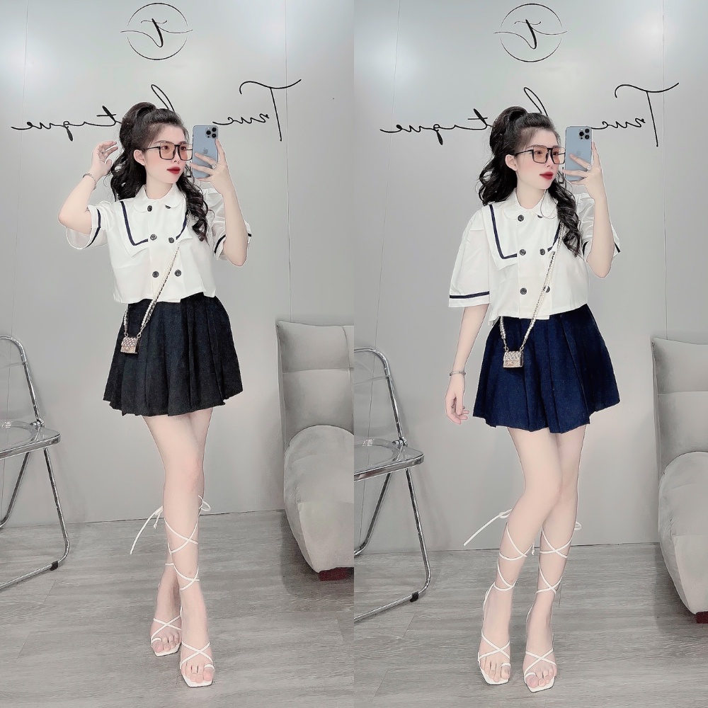 Set váy áo croptop cổ vest chất xịn freesize dưới 55kg - Xưởng sỉ Cô Ba