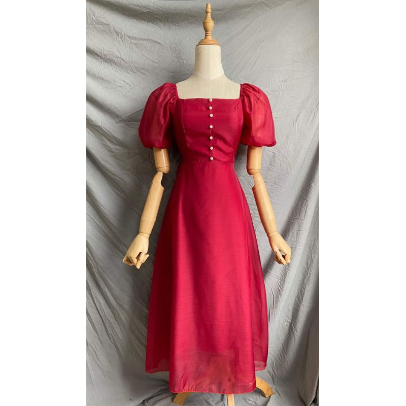 Đầm midi tơ xốp thắt nơ eo đính hột