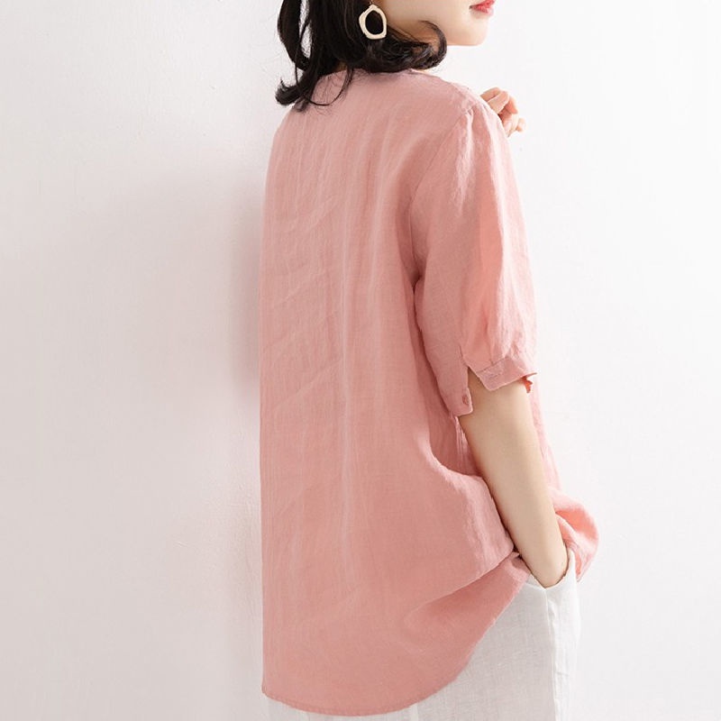 Áo Sơ Mi cotton Cổ v Tay Ngắn Dáng Rộng Thêu Họa Tiết Thời Trang Mùa Hè Mới Cho Nữ