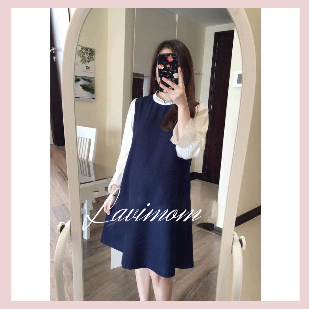 Váy bầu Lavimom đồ bầu đầm bầu xanh than cổ tàu phối tay trắng LV1061