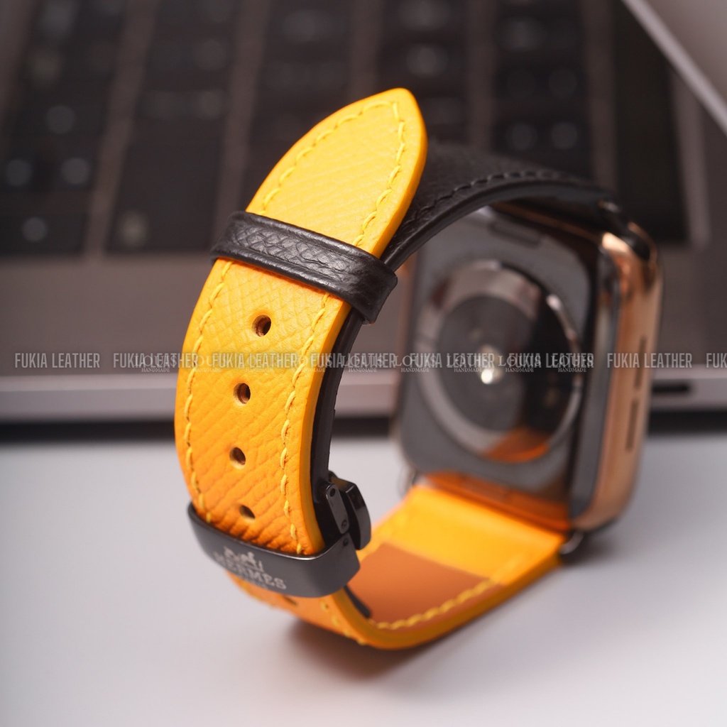 Dây da thủ công Epsom Đen mix vàng dành cho Apple Watch Series 1/2/3/4/5/6/7/SE, đồng hồ thông minh, đồng hồ cơ