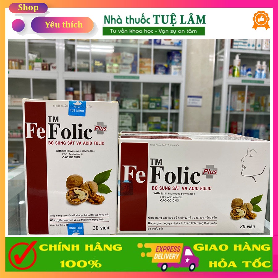 Viên uống bổ sung sắt và acid folic Fefolic plus hộp 30 viên giúp nâng cao sức đề kháng, giảm tình trạng thiếu máu