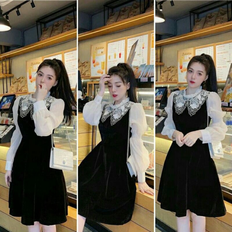 Đầm nhung cổ ren tiểu thư