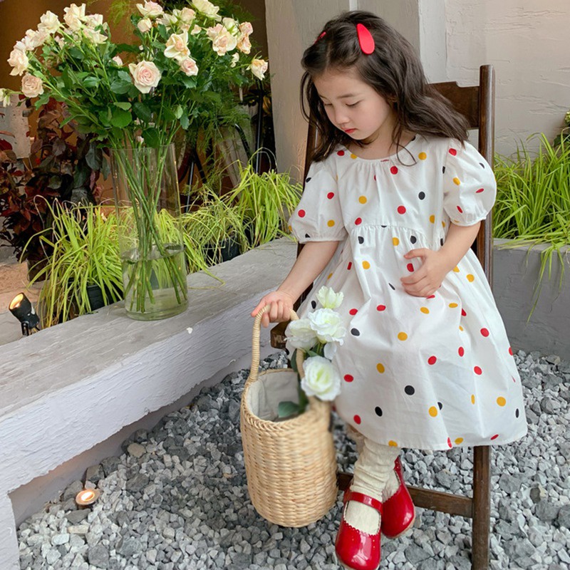 Đầm Công Chúa Tay Phồng Cổ Tròn Họa Tiết Chấm Bi Nhiều Màu Xinh Xắn Cho Bé Gái