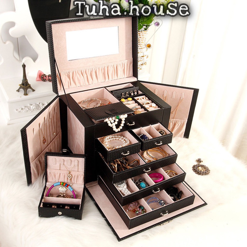 Hộp đựng trang sức bọc da 5 tầng 2 ngăn đựng dây chuyền T15 chứa hộp nữ trang mini