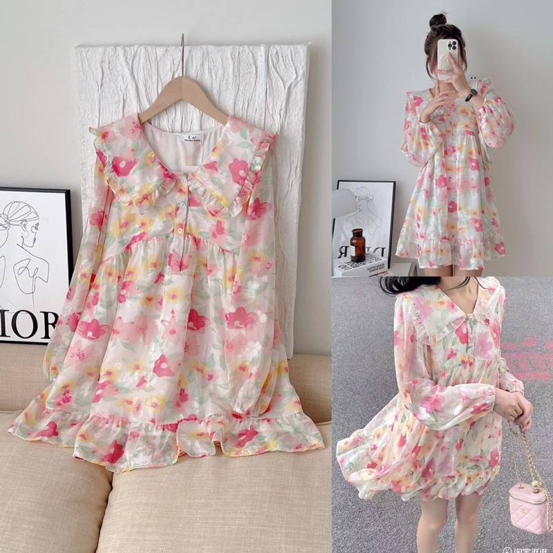 Đầm hoa babydoll cổ sen sắc màu chất voan tơ mềm mại đầm mini trên gối tiểu thư Hàn Quốc