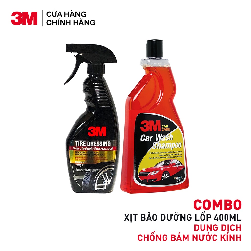 Combo Chai Xịt Bảo Dưỡng Và Phủ Bóng Lốp Xe 3M 39042 LT 400ml Và Xà Bông Rửa Xe 3M Car Wash 1L