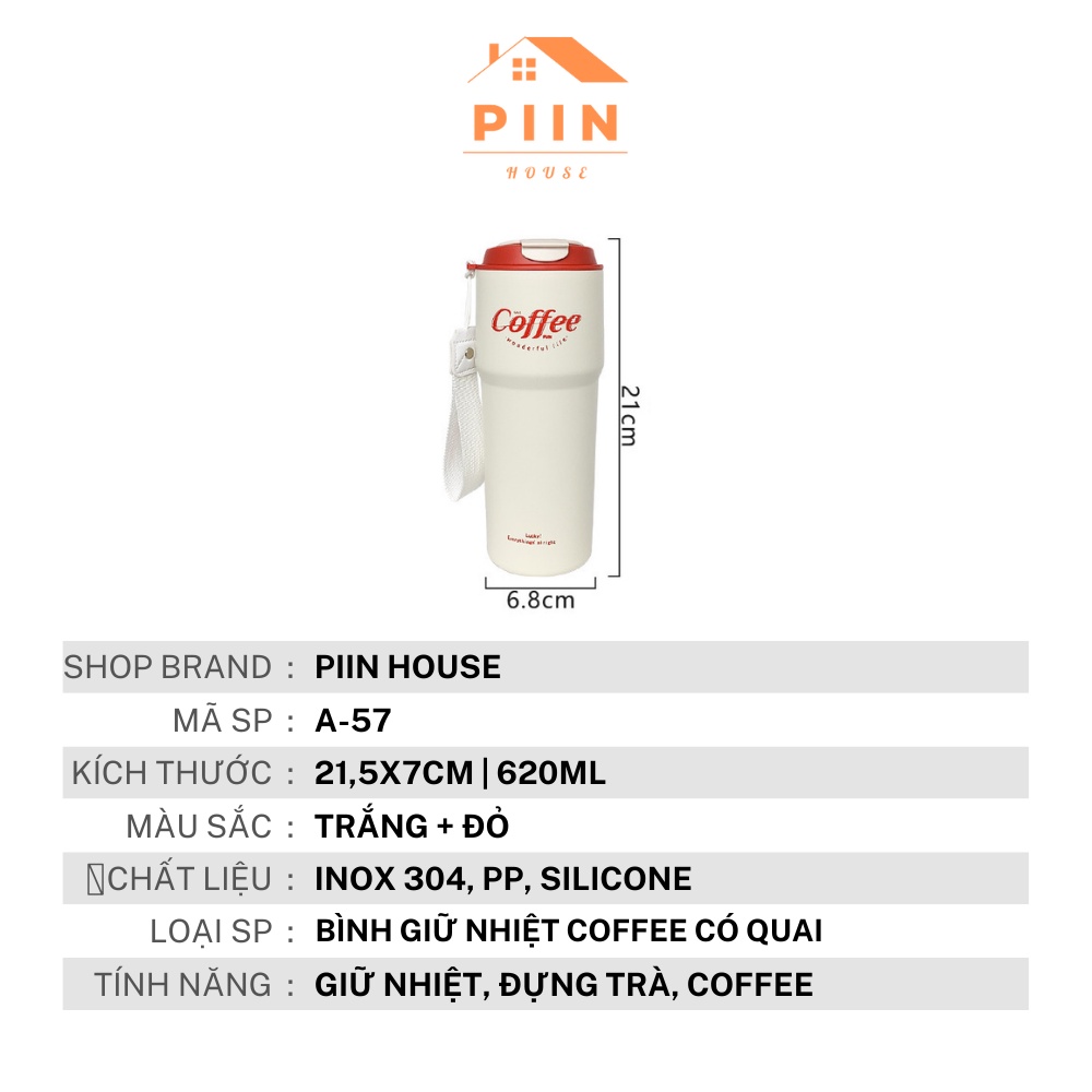Bình Nước Giữ Nhiệt Coffee Có Quai Xách Nắm Xoáy 620ml, inox 304 thời gian 6-12 tiếng – PIIN HOUSE